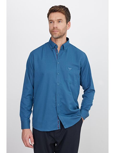 TUDORS Erkek Regular Fit Klasik Kesim Pamuklu Oxford Doku Petrol Renk Düğmeli Yaka Gömlek - S000123959-20019
