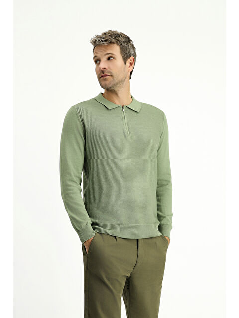 Kiğılı Polo Yaka Regular Fit Fermuarlı Desenli Pamuklu Triko Kazak - S000405114-17354