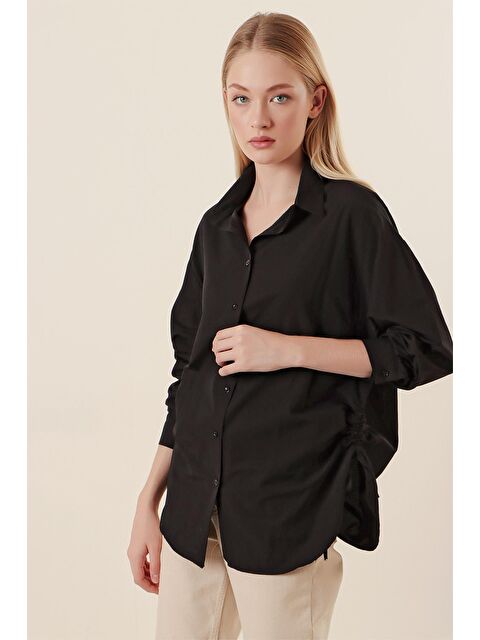 Bigdart 20132 İp Büzgülü Oversize Gömlek - Siyah - S000089852-19351
