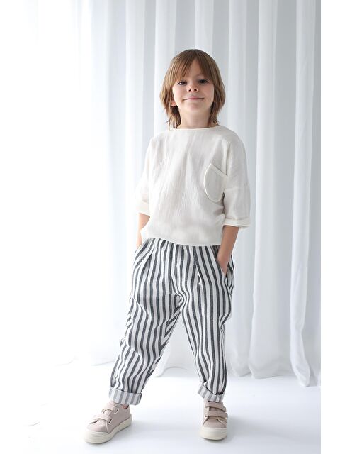 Catz Kids Çizgili Keten Carrot Pantolon + Müslin Cep Detaylı Gömlek - S000160881-37246