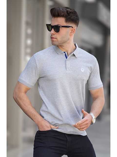 Madmext Boyalı Gri Çizgili Polo Yaka Tişört 5881 - S000016166-22875