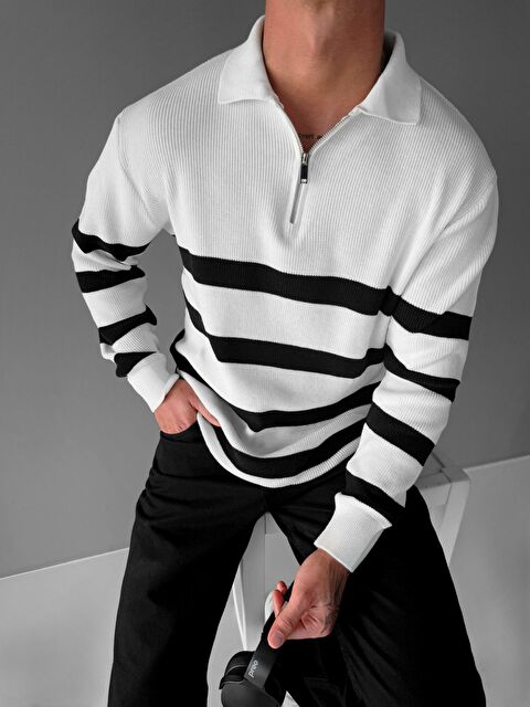 Abluka Online Erkek Oversize Yarım Fermuarlı Triko Kazak Beyaz - S000279717-20063