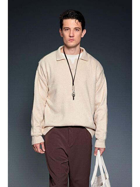 Abluka Online Erkek Polo Yaka Yumuşak Dokulu Oversize Kazak Taş - S000314966-25636