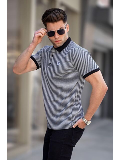 Madmext Siyah Çizgili Polo Yaka Tişört 5881