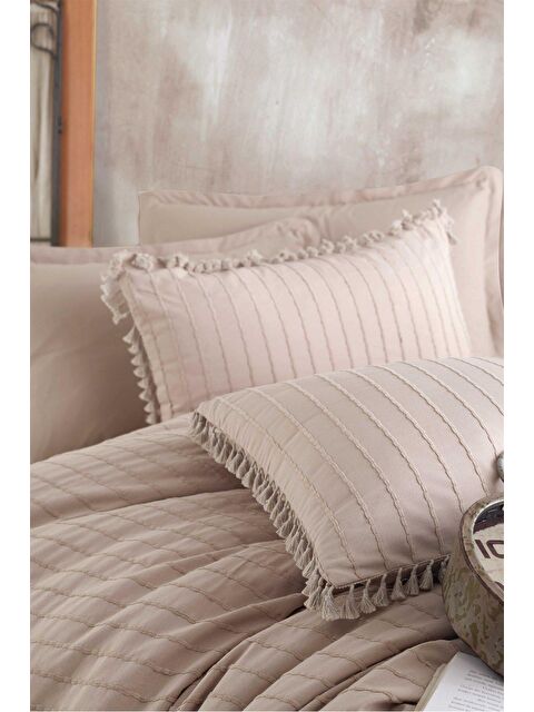 Nordqueen %100 Pamuk Tek Kişilik Püsküllü Nevresim Seti Estina Bej - S000059699-19928