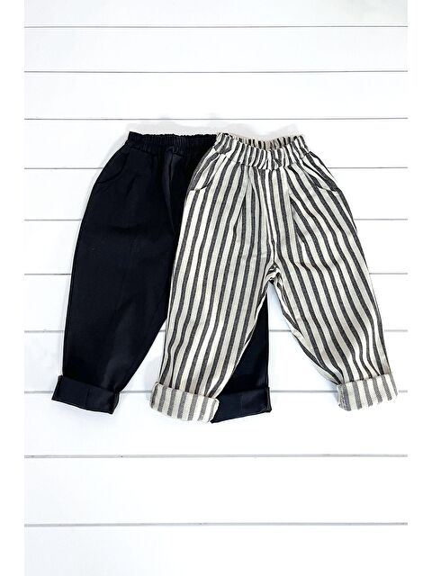 Catz Kids Erkek Çocuk 2 Adet Keten Carrot Pantolon ( %100 Pamuk Siyah ve Siyah Beyaz Çizgili ) - S000176508-37246