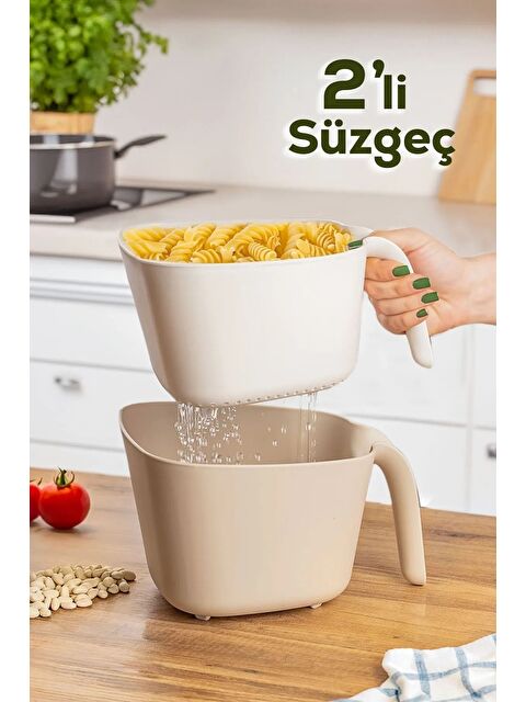 Porsima G-576 2 Parça Plastik Süzgeç Çok Amaçlı Makarna Meyve Sebze Pirinç Yıkama Süzgeci Bej Beyaz - S000294314-37646