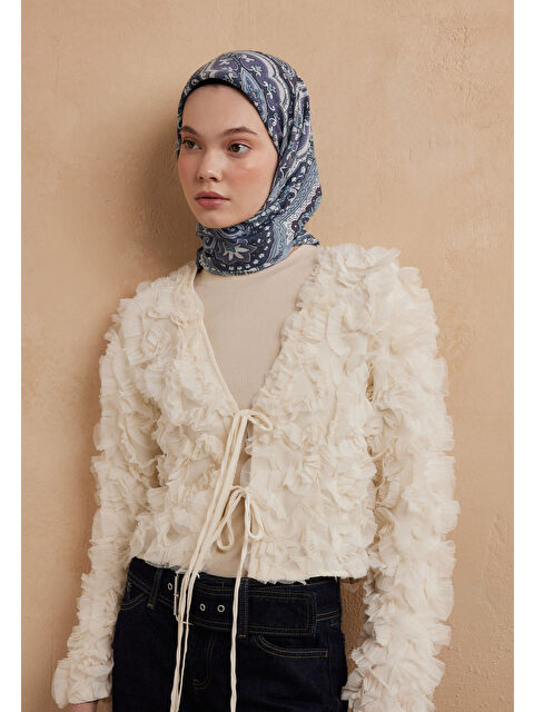 Fresh Scarfs Etnıc Floral Desen Pamuk İpek Eşarp Deniz Köpüğü