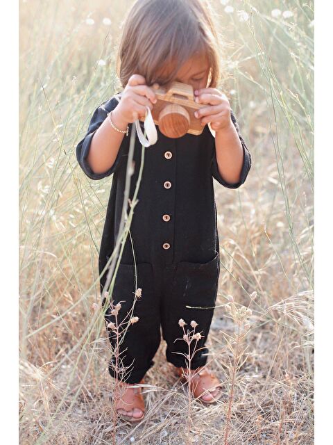Catz Kids Siyah Keten Kısa Kollu Cepli Tulum - S000136522-19351