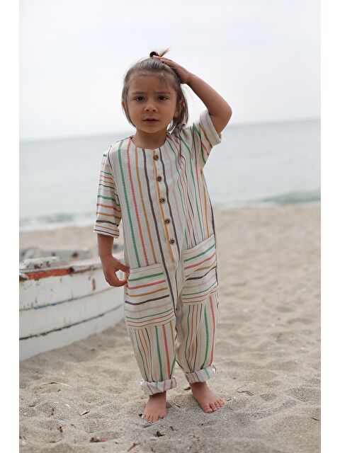 Catz Kids Renkli Çizgili Keten Kısa Kollu Cepli Tulum - S000136522-19966