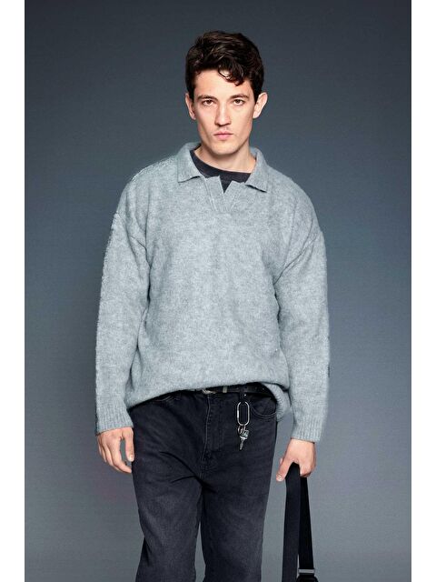 Abluka Online Erkek Polo Yaka Yumuşak Dokulu Oversize Kazak Gri - S000314966-20600