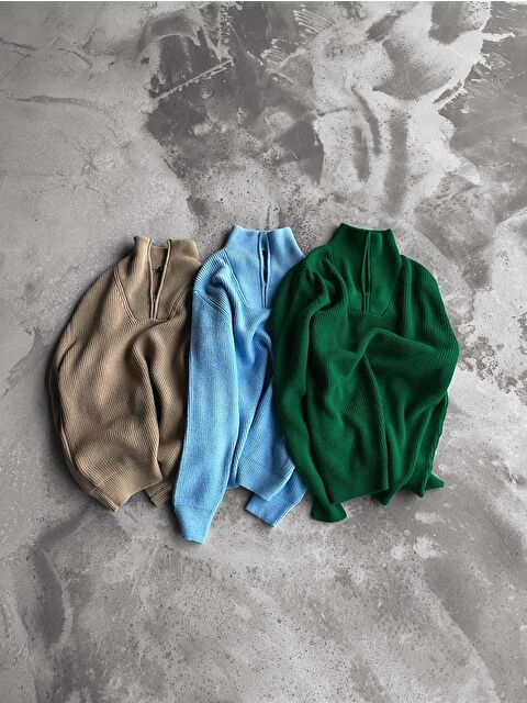 Abluka Online Erkek Yarım Fermuarlı Örme Kazak Yeşil - S000118412-18194