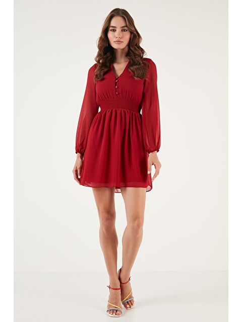 Lela V Yaka Gipeli Düğme Detaylı Şifon Mini Elbise 611El01433 - S000020257-20045