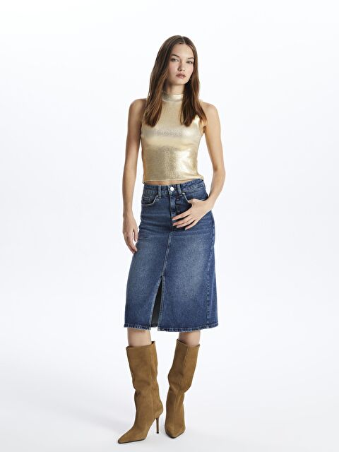 Dexia Cannes - Yırtmaçlı Indigoi Denim Etek - Dark Indigo Renk - S000116047-20557