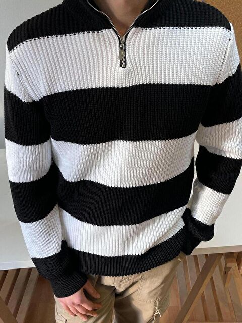 Tarz Cool Erkek Fermuarlı Çizgili Desenli Triko Kazak - S000147115-37246