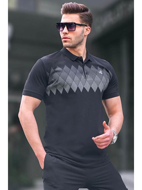 Madmext Siyah Desenli Polo Yaka Erkek Tişört 6106