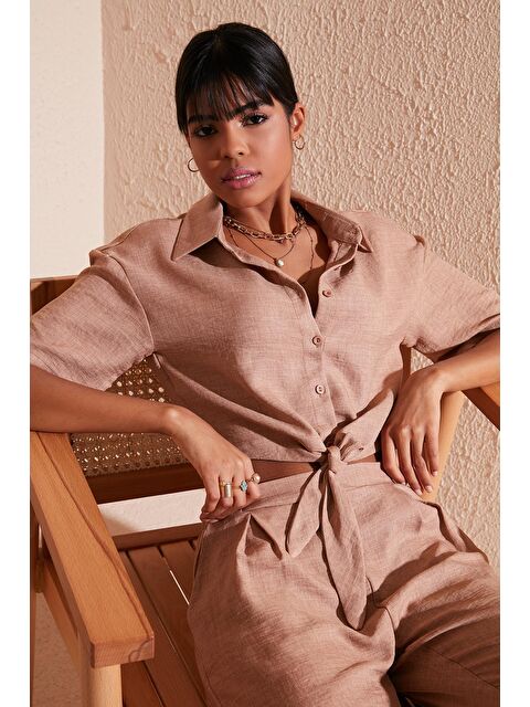 Lela Keten Görünümlü Bağlamalı Kısa Kollu Crop Gömlek 611Au007 - S000000908-19413