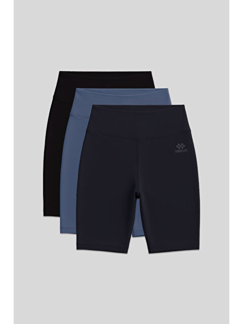 Tommylife Slim Fit 3lü Paket Siyah-Antrasit-Petrol Kadın Kısa Biker Tayt - 91007 - S000453349-2596