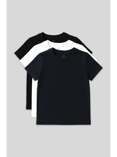 Tommylife Standart Fit Basic O Yaka 3lü Paket Siyah-Beyaz-Lacivert Unisex Çocuk T-Shirt - 11328 - S000448532-4272