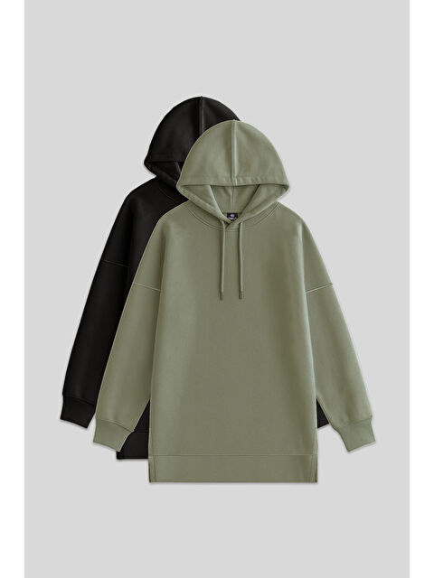 Tommylife Oversize Kapüşonlu 2li Paket Siyah-Çağla Kadın Tunik Sweatshirt - 97242 - S000453350-37449