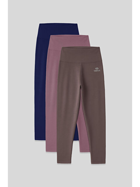 Tommylife Slim Fit 3lü Paket İndigo-Gül Kurusu-Kahverengi Kadın Kapri Tayt - 93097 - S000448612-23093