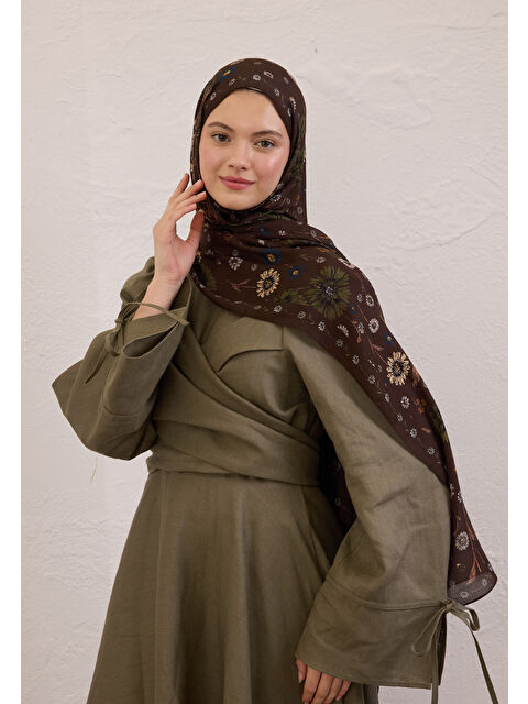 Fresh Scarfs Bloomıng Dahlıa Desen Rami Şal Kahve
