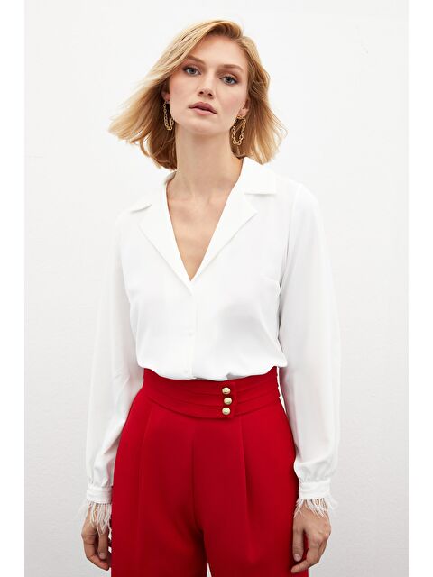 SATEEN Tüy Detaylı Salaş Gömlek - Ekru - S000323494-19965