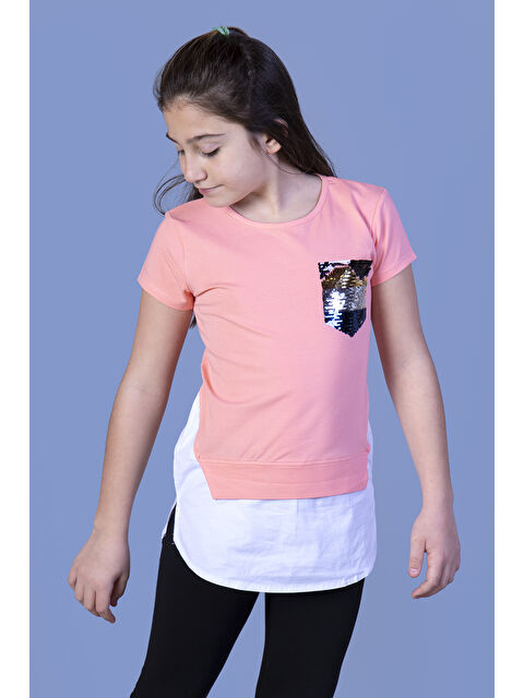 Toontoykids Kız Çocuk Göğsü Cepli Pul Nakışlı Tişört