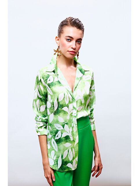 SATEEN Desenli Uzun Gömlek - Yeşil - S000323530-18194