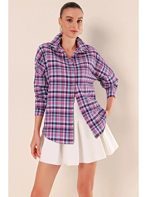 Hazelin Kadın Lila Mor Beyaz Çizgi Kareli Ekose Gömlek HZL22W-BD1201451 - S000037942-17878