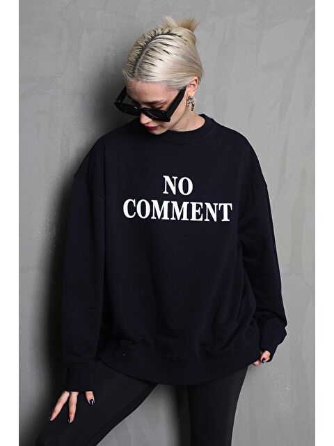 Madmext Siyah Bisiklet Yaka Baskılı Oversize Kadın Sweatshirt Mg1902 - S000056740-19351