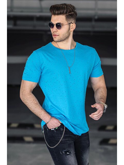 Madmext Yırtık Detaylı Mavi %100 Pamuk Tişört 2883 - S000039426-17234