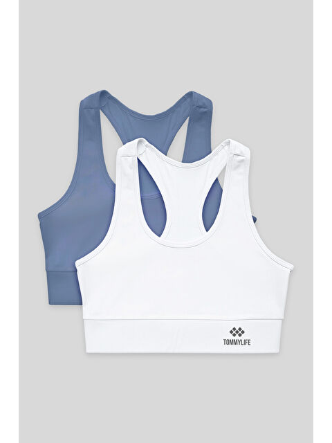 Tommylife Slim Fit U Yaka 2li Paket Petrol-Beyaz Kadın Spor Büstiyer - 97120