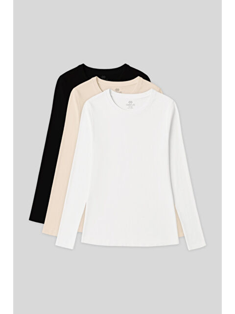 Tommylife Standart Fit Basic O Yaka 3lü Paket Siyah-Beyaz-Bej Kadın T-Shirt - 97312 - S000447910-2597