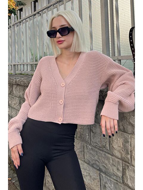 Madmext Pudra Uzun Kollu Düğmeli Crop Hırka Mg2198 - S000276504-7152