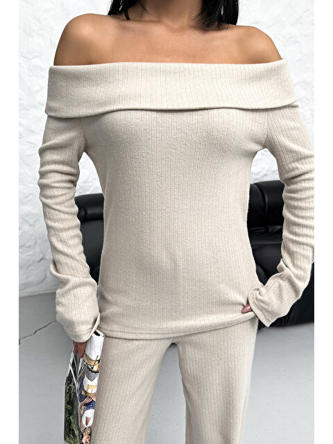 Trendseninle Kadın Bej Selanik Kumaş Boğaz Detaylı Oversize Takım - S000242669-19928