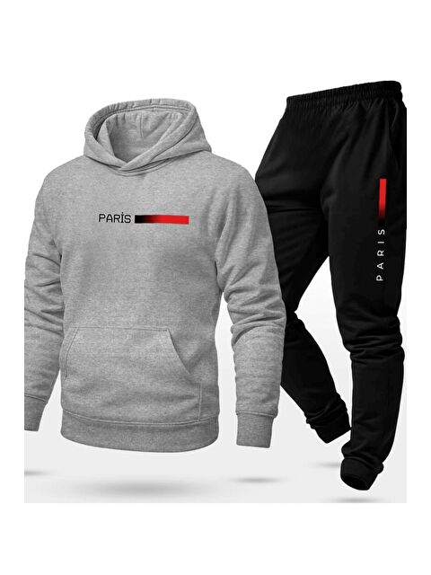 Trendseninle Erkek Gri Siyah Paris Baskı Oversize Kesim Alt Üst Uzun Kollu Eşofman Takımı - S000464805-37287