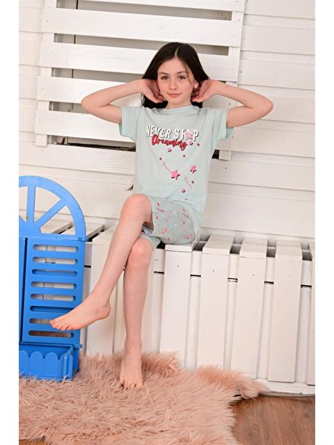 Vitmo Kız Çocuk Kısa Kollu Kapri Pijama Takımı Never Stop Mint - S000388231-1180