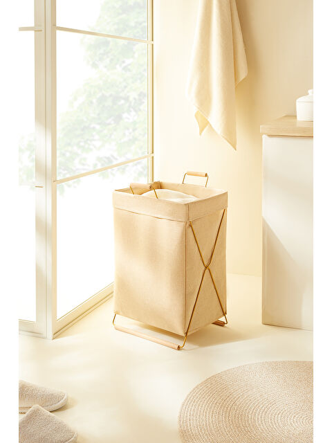 Ocean Home Textile Katlanabilir Metal Destekli Altın Renk Jüt Keten Çamaşır Sepeti 36 x 33 x 60 cm - S000496543-19928