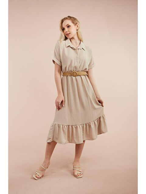 Hazelin Kadın Vizon Gömlek Yaka Düğmeli Hasır Kemerli Ayrobin Elbise HZL22S-BD122921 - S000058660-26429