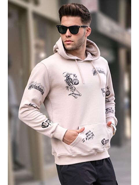 Madmext Bej Baskılı Kapüşonlu Erkek Hoodie 5895 - S000049711-19928