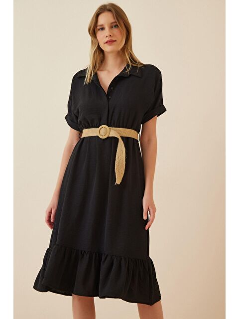 Hazelin Kadın Siyah Gömlek Yaka Düğmeli Hasır Kemerli Ayrobin Elbise HZL22S-BD122921 - S000058660-19351