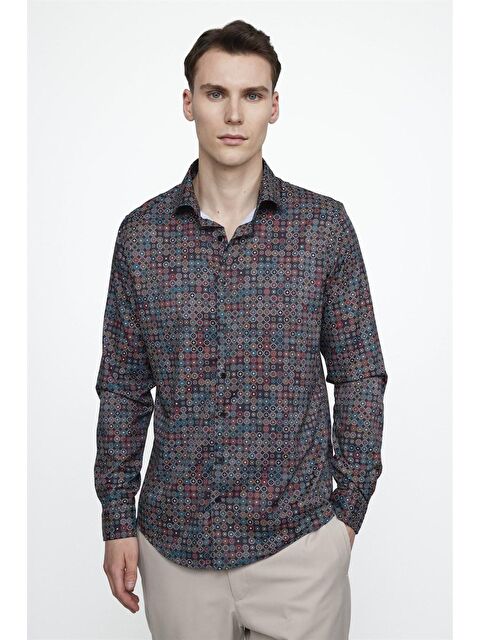TUDORS Tudors Slim Fit Dar Kesim Uzun Kollu Elastanlı Baskılı Yüksek Yaka Erkek Çok Renkli  Gömlek