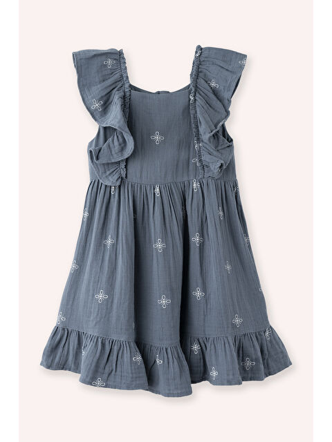 Panço Kız Çocuk Fırfır Detaylı Müslin İndigo Elbise - S000449079-23093