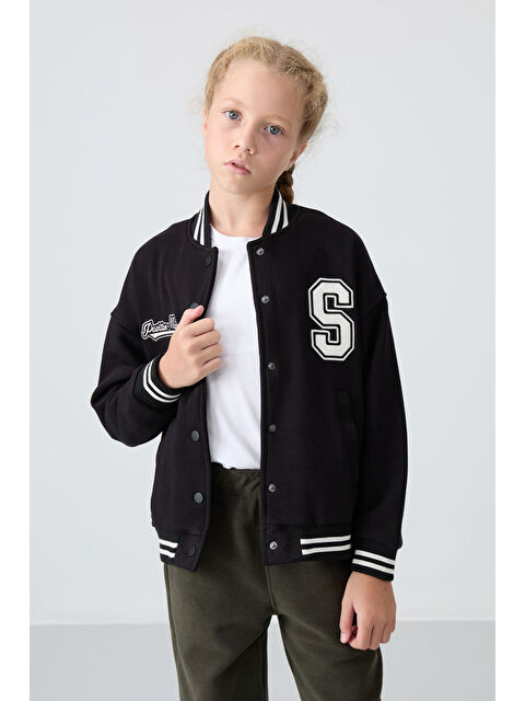 Tommylife Siyah Pamuklu İçi Tüylü Yumuşak Dokulu Standart Fit Nakışlı Kız Çocuk Kolej Ceket - 75163 - S000330279-19351