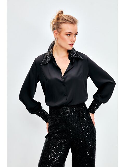 SATEEN Payet Detaylı Saten Gömlek - Siyah - S000323734-19351