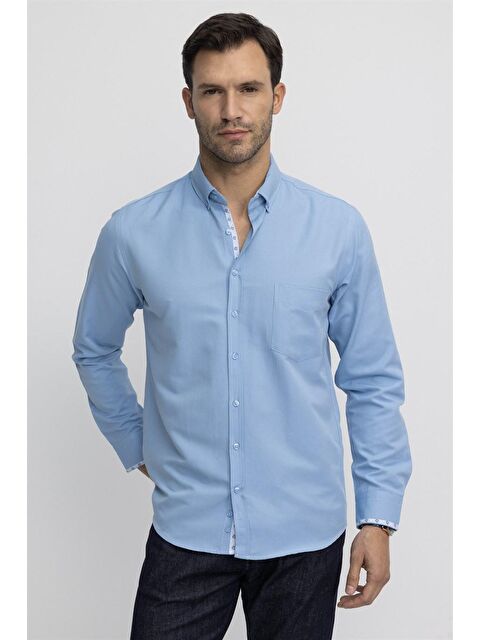 TUDORS Tudors Klasik Fit Pamuklu Kolay Ütü Oxford Düz Erkek Mavi Gömlek