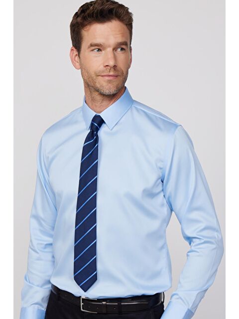 TUDORS Slim Fit Mavi Non-Iron %100 Pamuk  Ekoteks Belgeli Ütü Gerektirmez Gömlek