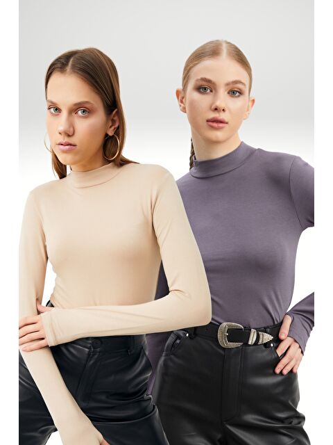 Bipantolon Kadın Gri Krem Parmak Detaylı 2'li Body