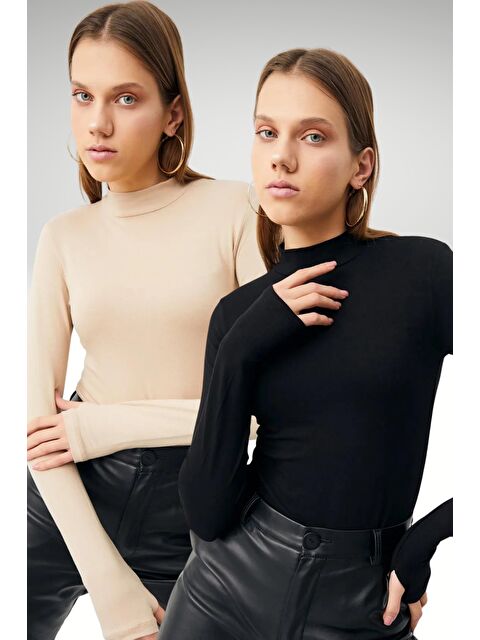 Bipantolon Kadın Siyah Krem Parmak Detaylı 2'li Body